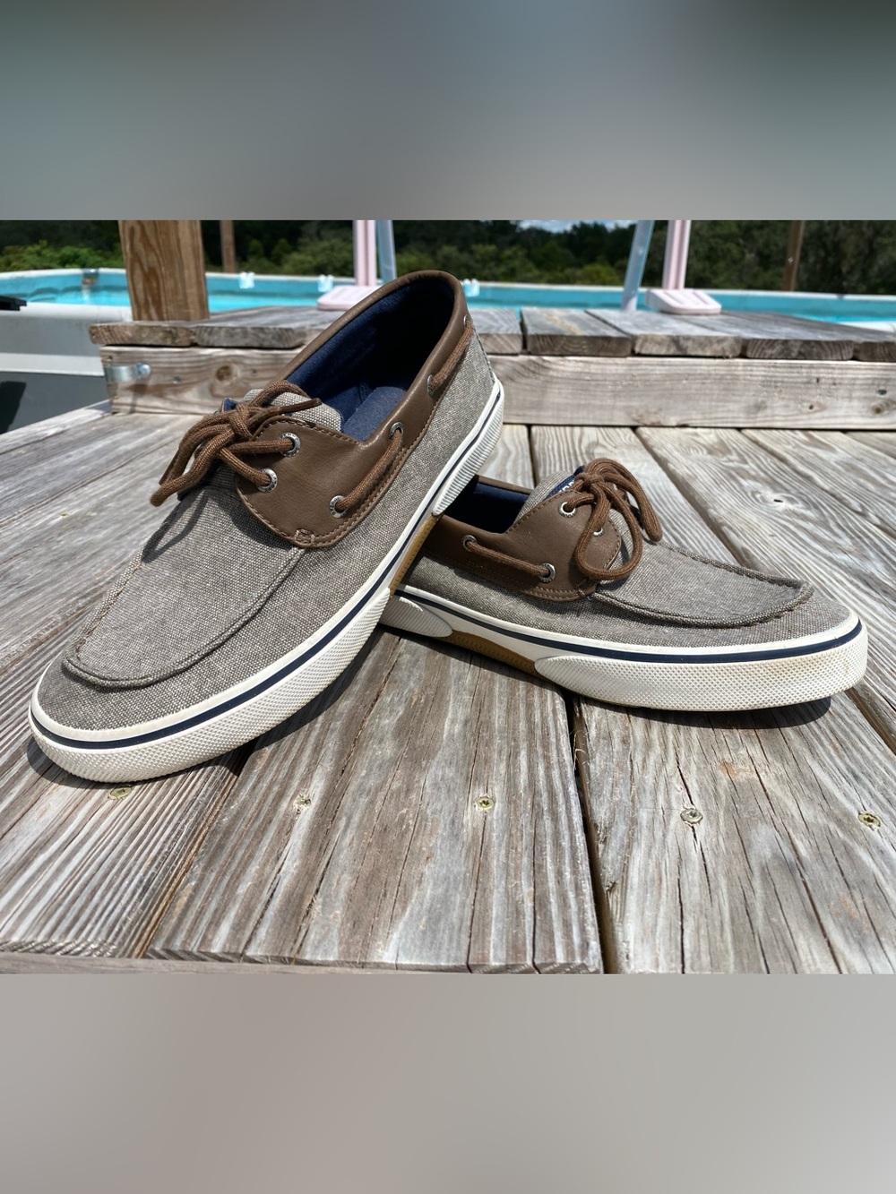 Sperry Men’s Taupe Canvas and Brown Leather Boat Shoes